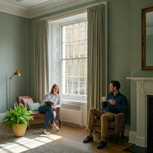 A sunlit Georgian townhouse living room, filled with a balance of heritage and modern comfort. Setting: High-ceilinged room with elegant cornicing, tall sash windows partly open, and soft natural light streaming through sheer curtains. The walls are painted a muted heritage colour (sage green or soft cream), with exposed fireplace (not lit, but decorative). Details: A slim, modern ventilation unit is subtly integrated near the skirting or ceiling—discreet, blending into the décor without disturbing the Georgian character. Lifestyle Elements: A young professional couple sit comfortably with coffee, one reading by the window, the other adjusting the sash slightly, suggesting airflow. A healthy indoor plant (like a fern) sits near the light, symbolising good IAQ. Mood: Calm, fresh, and refined—the sense that the air is crisp and breathable without the disruption of noise or draughts.