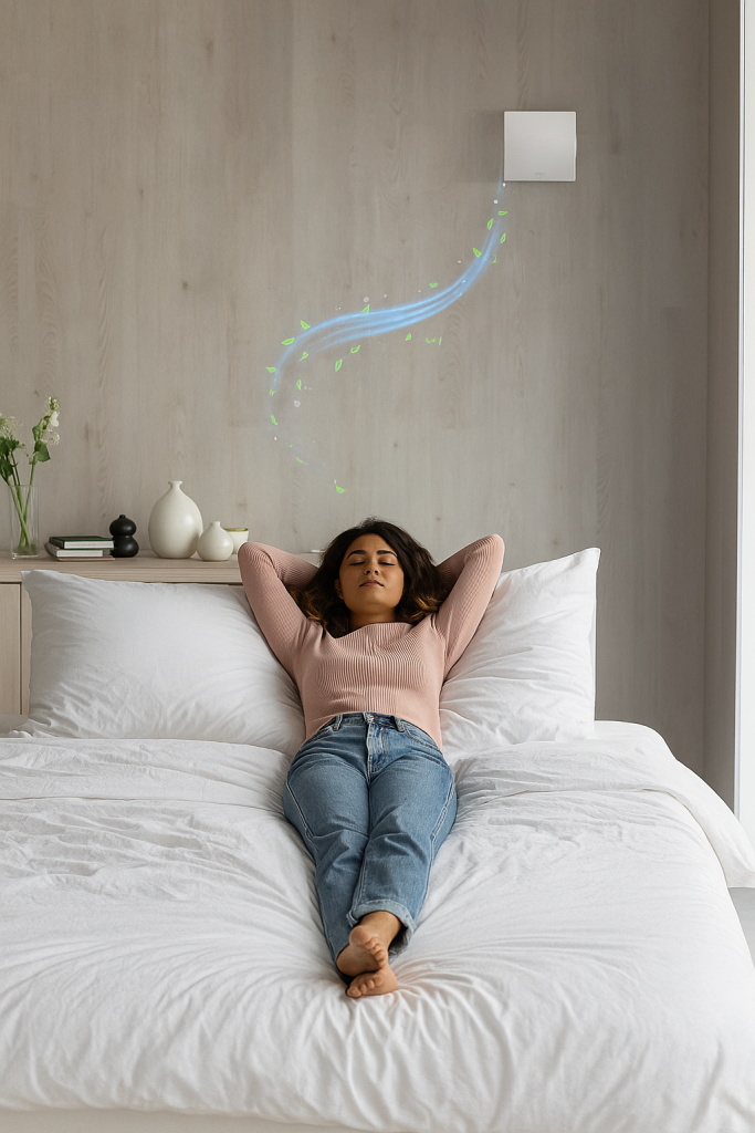 That ‘used-up’ feeling when you wake? It’s often a clear signal that the CO2 and humidity levels in your bedroom have spiked overnight. The air in your sanctuary is subtly resisting your recovery. Continuous ventilation is no longer a luxury; it’s a non-negotiable health requirement. We engineered AUREN to reset the baseline of indoor air quality without you ever having to notice it’s running. At 4dB(A), it runs quieter than the sound of your own breathing, providing near-silent, continuous heat recovery. The result is air that is constantly fresh, tempered, and free from the pollutants that diminish restorative sleep. Reclaim the integrity of your bedroom. Prioritise your rest, health, and peace of mind with intelligent air exchange.