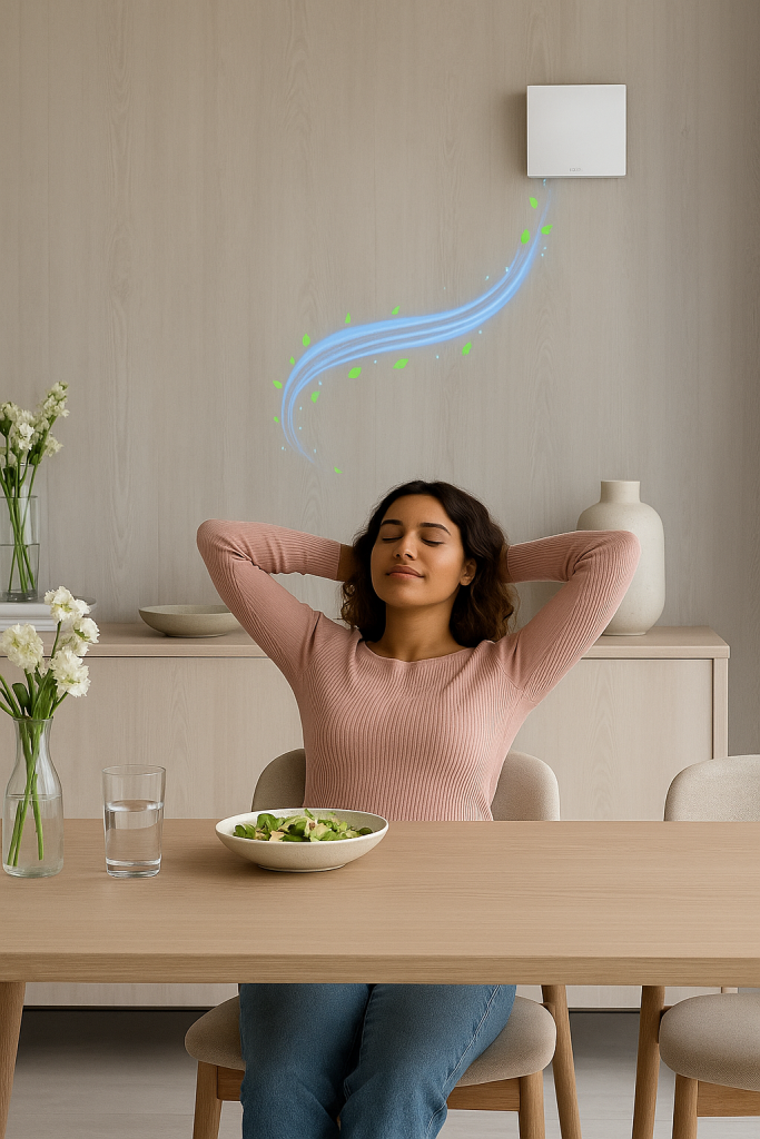 he Technical Role: This is the system that ensures fresh air is constantly entering the room, refreshing the air even when the room is empty, or the property is sealed up tight. The Dining Room Reality: This flow rate is critical for managing the subtle buildup of CO₂ and moisture. When four, six, or eight people are sat together for hours, the air quality load far exceeds the minimum required for a single, sleeping person. Continuous flow ensures the air never gets that stale, 'headache-inducing' thickness that kills conversation. The Problem with the Default: The minimum acceptable standard is often met with a trickle vent. This relies on wind and luck. In a modern, well-insulated home, a trickle vent is visibly inadequate, causes uncomfortable draughts at the table, and compromises the soundproofing you paid for—all for an air exchange rate that’s simply not guaranteed when you need it most. Your Solution: Our continuous Mechanical Ventilation with Heat Recovery (MVHR) units provide a guaranteed, measured flow rate that a static vent cannot match. Crucially, they deliver this necessary air change without wasting the heat from your central heating system. You get guaranteed performance, guaranteed compliance, and zero wasted warmth.